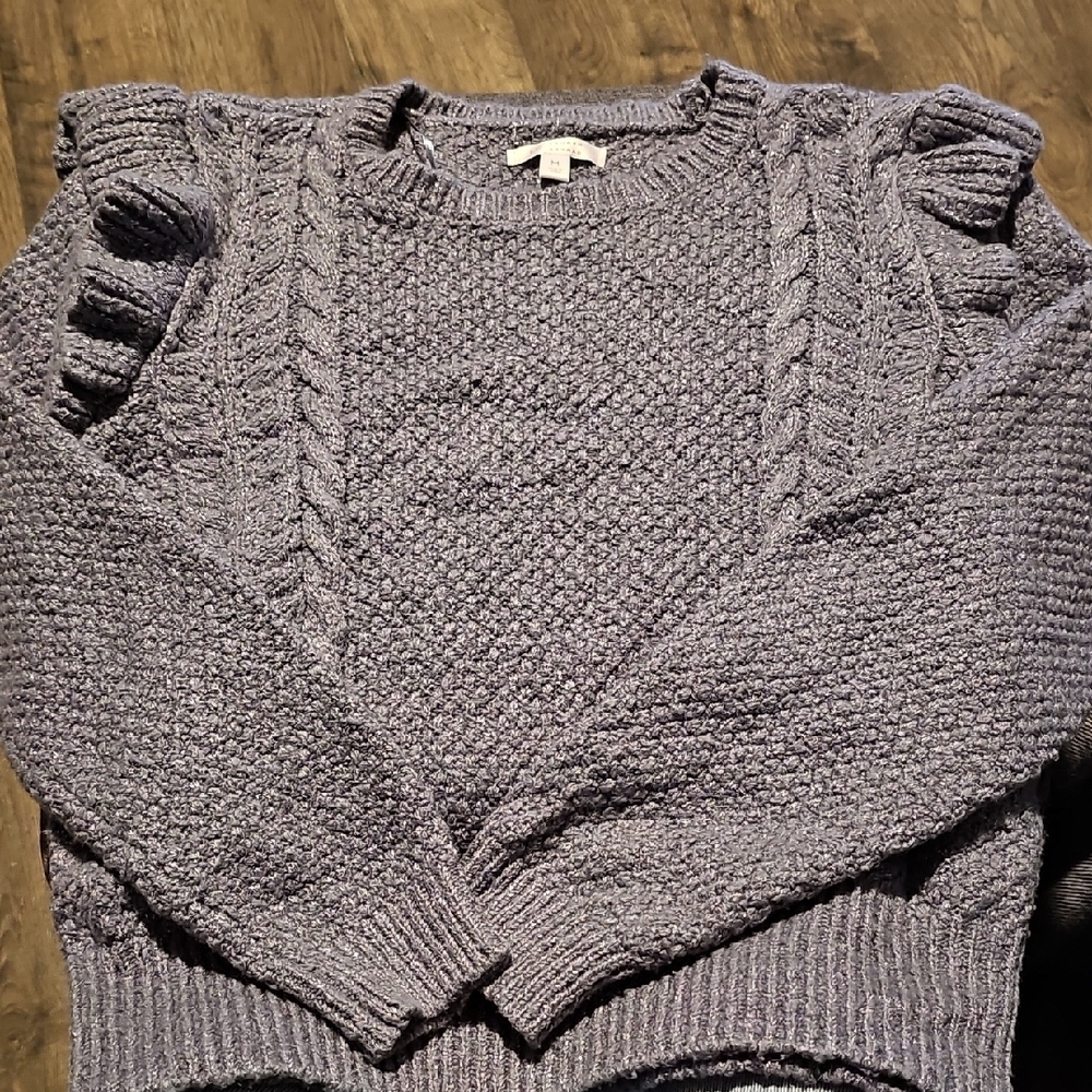 LC Lauren Conrad Sweater Textured Knit Blue Gray Silver Size Medium Cable Ruffle